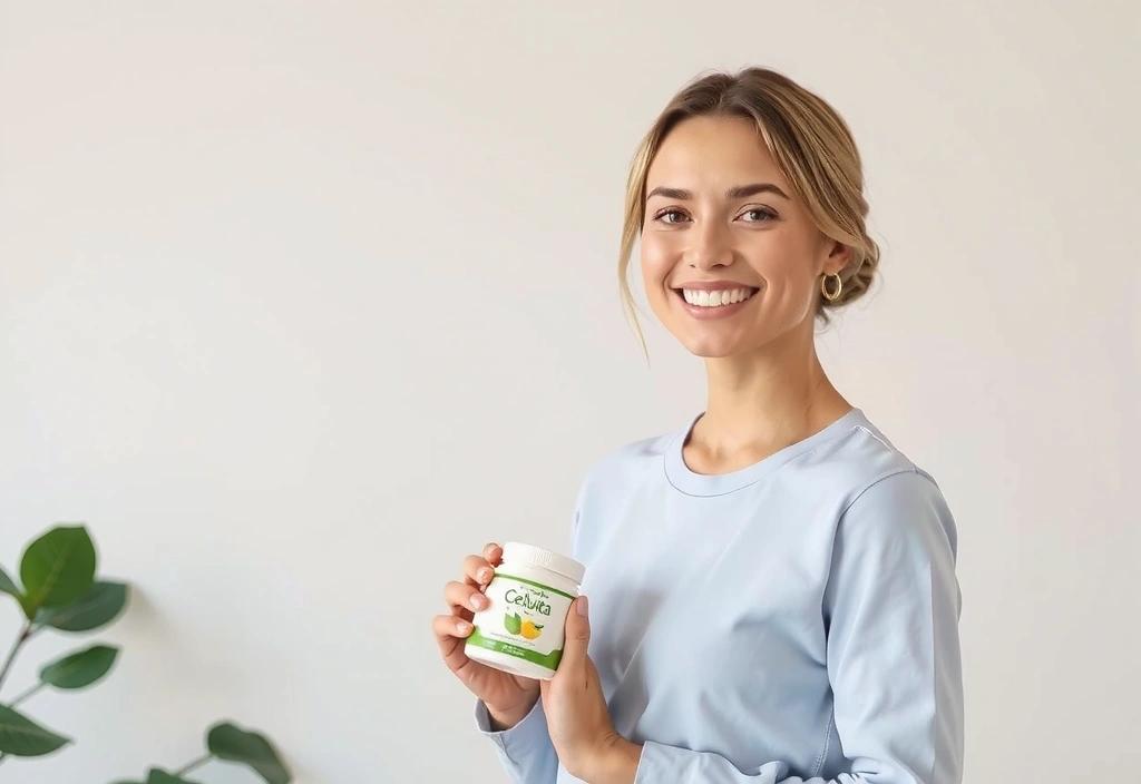 Femeie zâmbitoare care ține un produs Calulavitacx